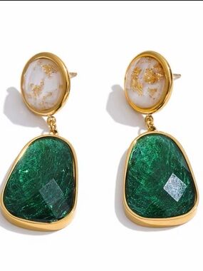 Zara Gold-Tone Green & White Drop Earrings